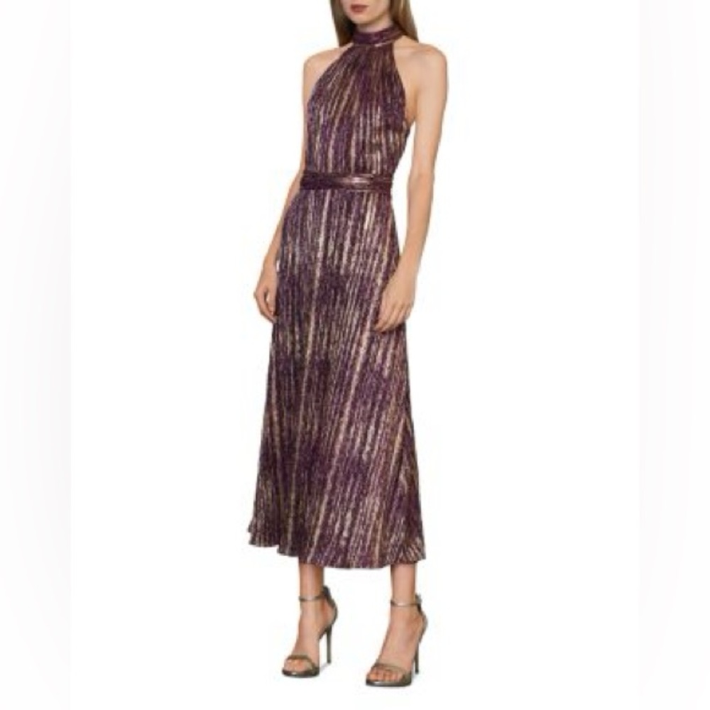 ML Monique Lhuillier Metallic Halter Midi Cocktail‎ Dress Size 4